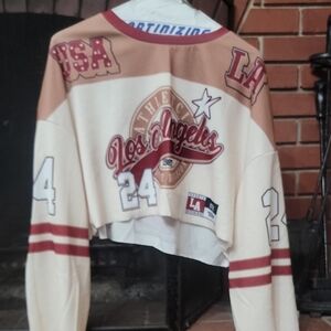 Los Angeles Cropped Varsity Pullover - Cream & Burgundy